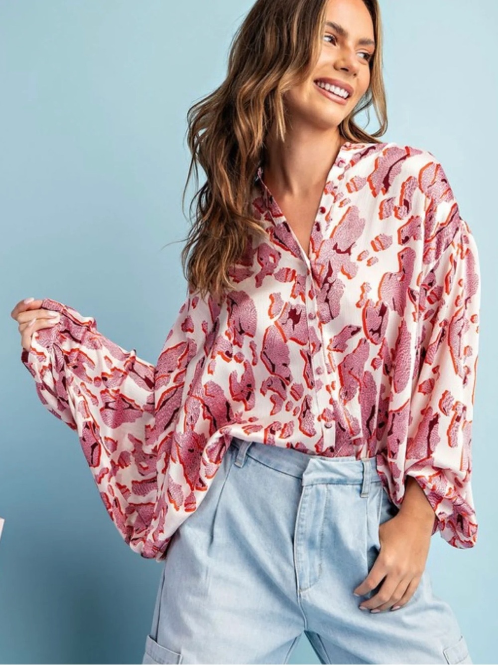 eesome Pink and Coral Abstract V-Neck Blouse